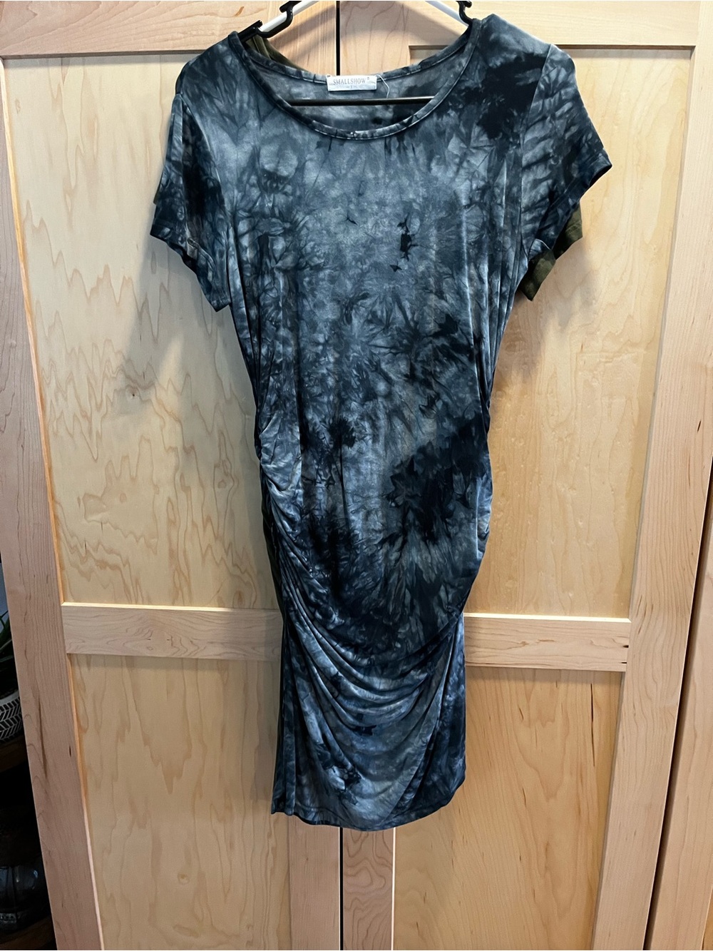Sleeve Ruched Tie-Dye Tunic Dress - Black